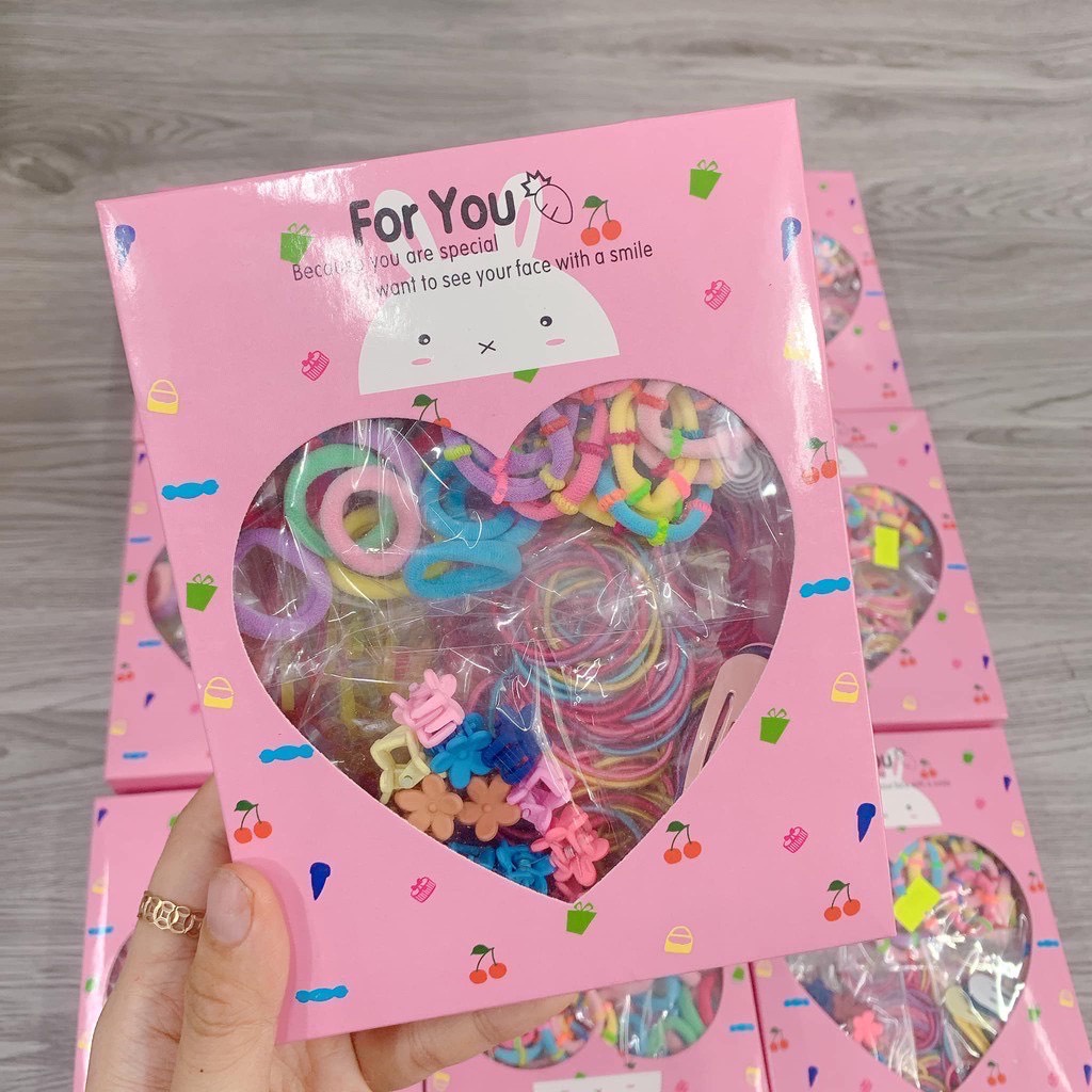 Set 100 dây buộc tóc trơn kèm túi zip, bich 100 thun cột tóc mix màu