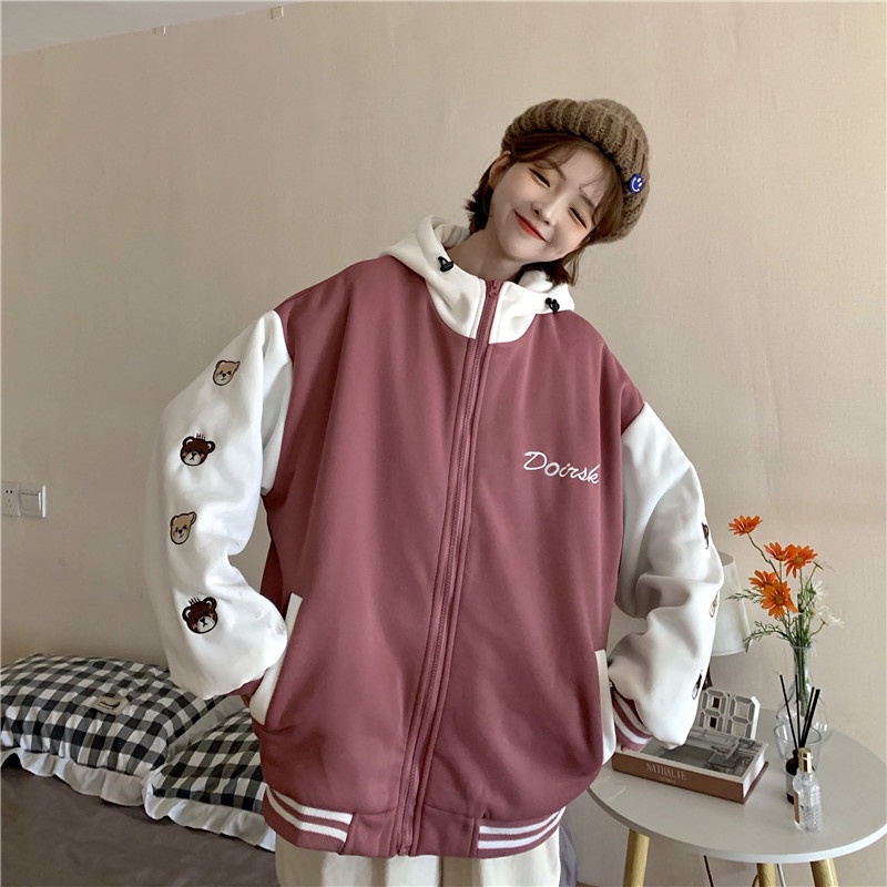 Áo Khoác Bóng Chày Dáng Rộng Thêu Hình Gấu Kiểu Hàn Quốc Thời Trang Mùa Thu Cho Bạn Gái