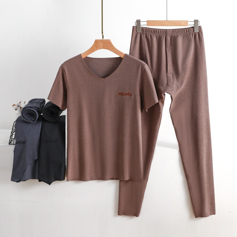 Bộ Đồ Ngủ Áo Thun Trơn Cổ Chữ V + Quần Legging Lưng Cao Dáng Rộng Thời Trang Thu Đông Cho Nam