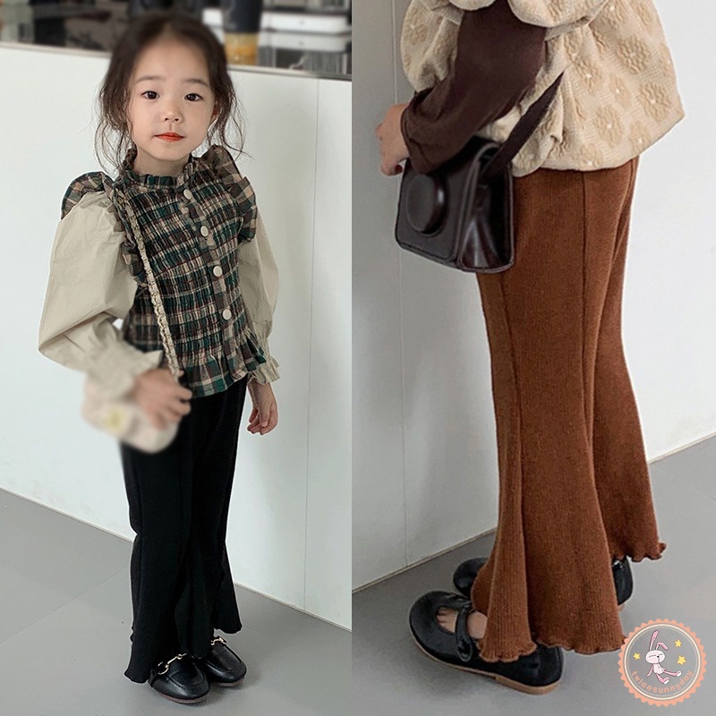 Quần Dài Ống Loe Lưng Thun Màu Trơn Phong Cách Hàn Quốc Cho Bé Gái