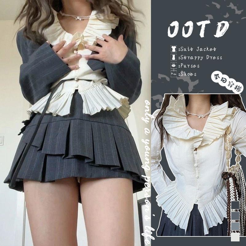 Bộ Áo Khoác Vest Ngắn + Áo Sơ Mi Phối Bèo + Chân Váy Thời Trang Mùa Thu 2022 Mới Mẻ Cho Nữ