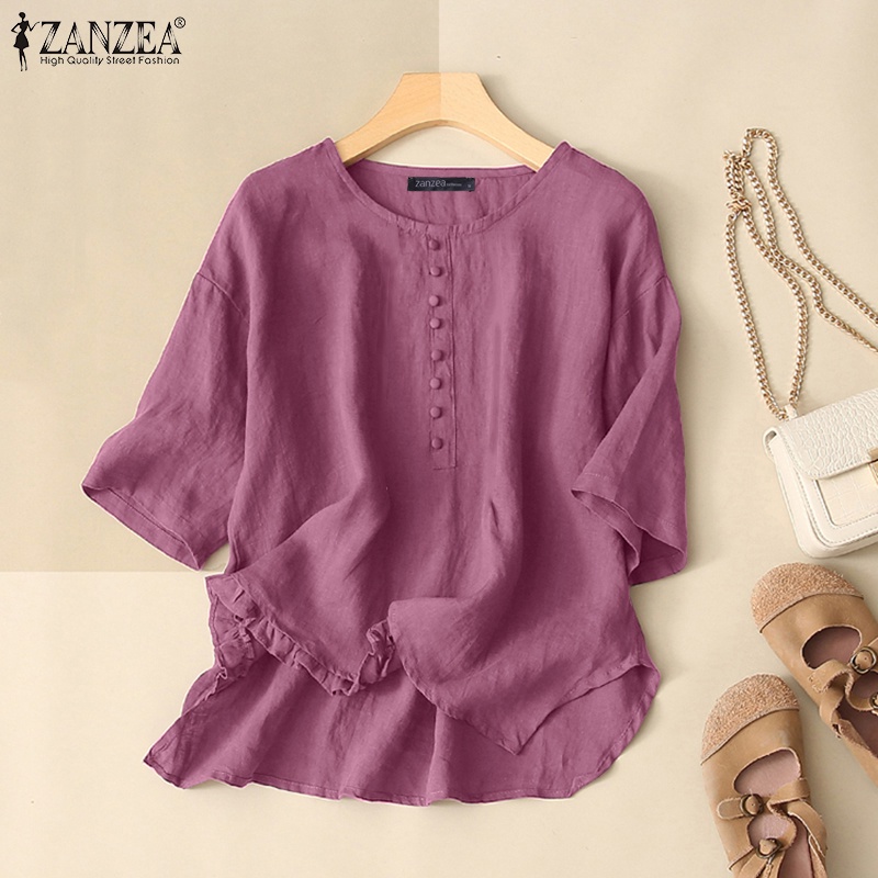 Áo nữ ZANZEA tay lửng cổ tròn phối nút phong cách đường phố Hàn Quốc