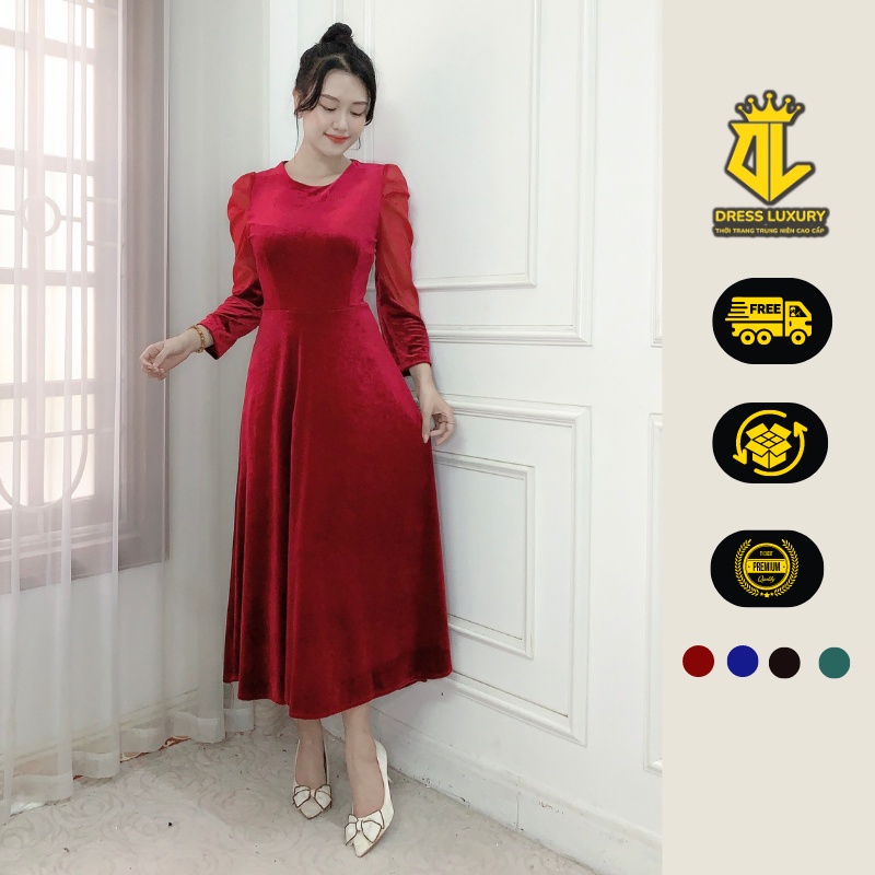 Đầm váy trung niên cho mẹ DRESS LUXURY NX dáng chữ A tay lỡ phối ren, cổ tròn, vải nhung cao cấp sang trọng đi tiệc