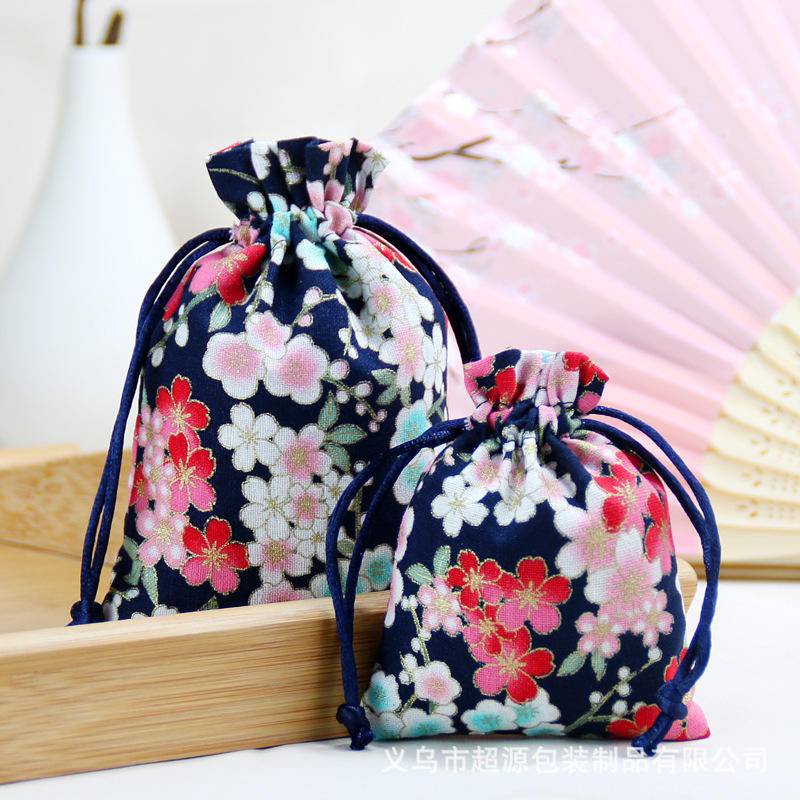 Túi Dây Rút Vải Lanh Cotton Họa Tiết Hoa Anh Đào May Mắn Phong Cách Trung Hoa