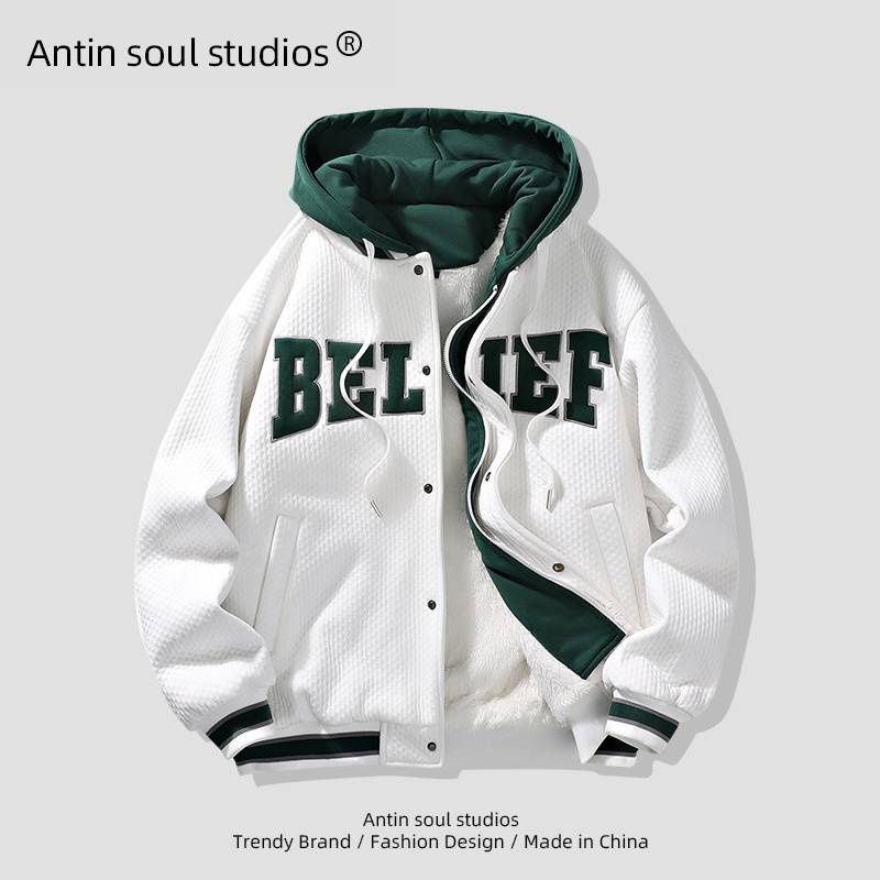 Áo Khoác Bomber Giả Hai Lớp Lót Lông Cừu Dày Dặn Phong Cách Hip Hop Đường Phố Mỹ Thời Trang Mùa Đông Cho Nam