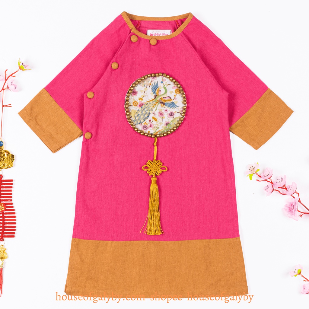 Áo dài bé gái hồng phối cườm cotton Hàn Quốc mềm mại - Galyby