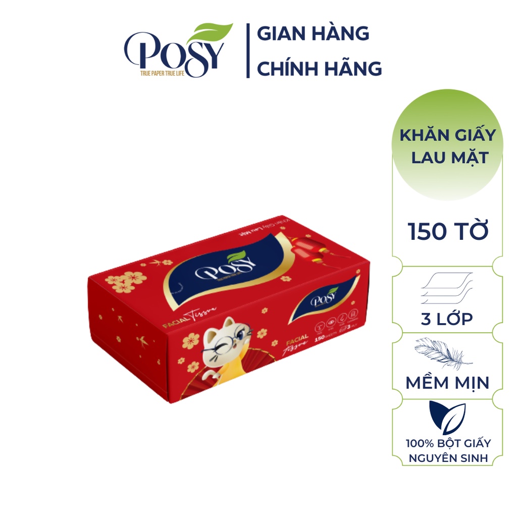 Hộp khăn giấy rút lụa cao cấp POSY - 150 tờ 3 lớp, mềm mịn như nhung, đón Tết Giáp Thìn an khang