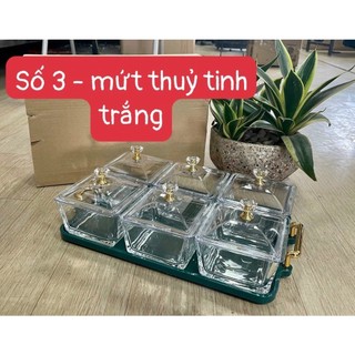 Khay đựng mứt 6 ô thủy tinh trắng khay sứ xanh