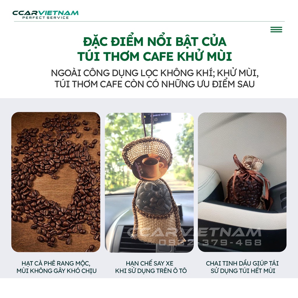 Túi Thơm Cafe Treo Xe Ô Tô, Xe Hơi, Túi Thơm Cà Phê Để Tủ Quần Áo - Tặng Kèm Chai Tinh Dầu Cafe Nguyên Chất 100%