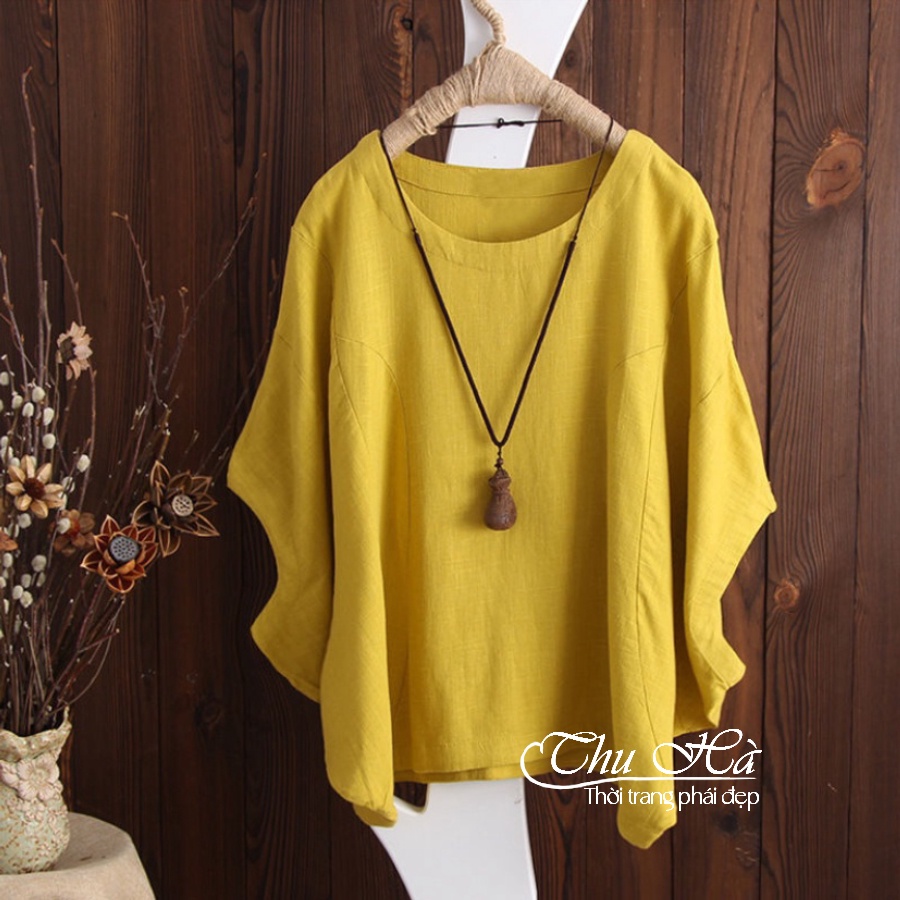 Áo cánh dơi nữ trung niên Thu Hà form rộng giấu bụng che khuyết điểm chất liệu đũi mềm nhẹ mát AKH.36