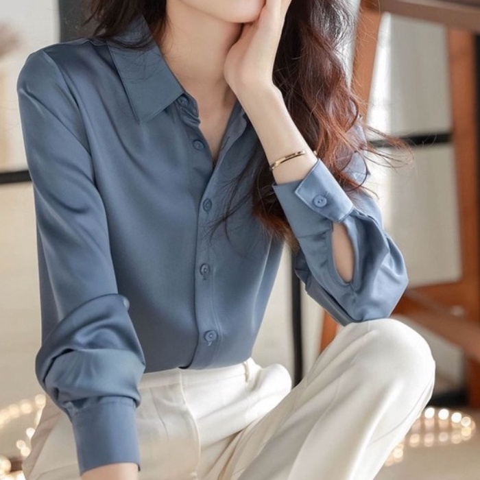 Áo Sơ Mi Tay Dài Đa Năng Kết Cấu Xếp Nếp Thương Mại Ý Cao Cấp Cho Nữ Giới