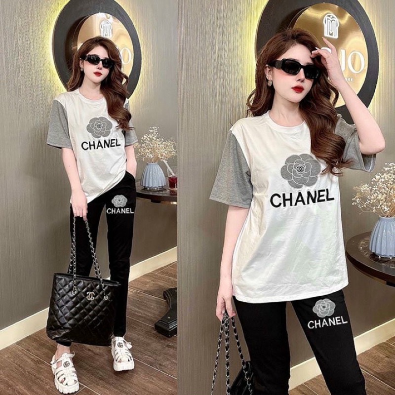 SÉT BỘ THỂ THAO NỮ  THUN COTTON ÁO PHOM RỘNG THÊU HOA VÀ CHỮ CHANE.L