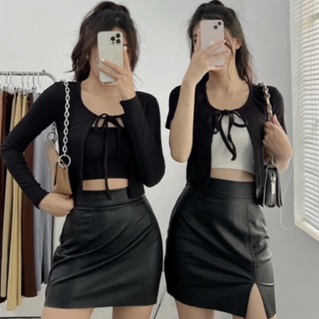 Áo croptop nữ tay ngắn HHVINTAGE kiểu cardigan cột dây vải thun co giãn Top A93