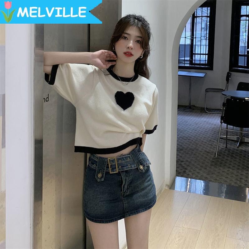 MELVILLE Áo Thun Dệt Kim Tay Ngắn Dáng Rộng Thêu Hình Trái Tim Màu Trắng Đen Thời Trang Mùa Hè 2023 Dành Cho Bạn Nữ