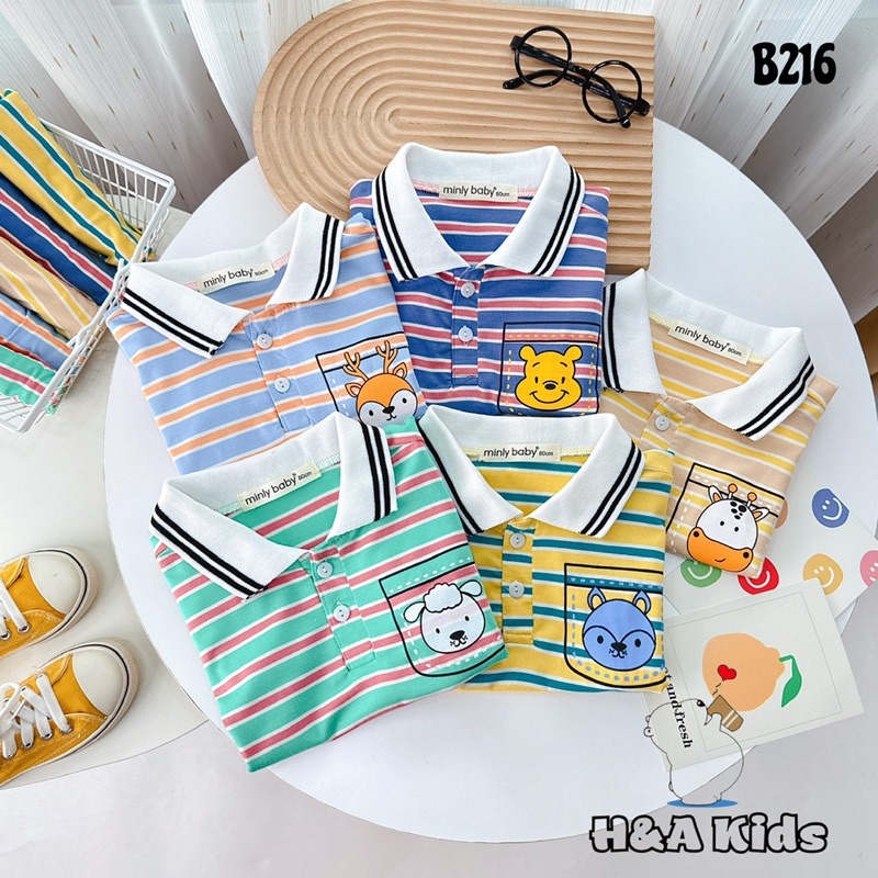 Bộ cộc tay kẻ sọc cổ trụ bẻ Minly Baby chất thun lạnh Visco cao cấp siêu mềm mát cho bé trai