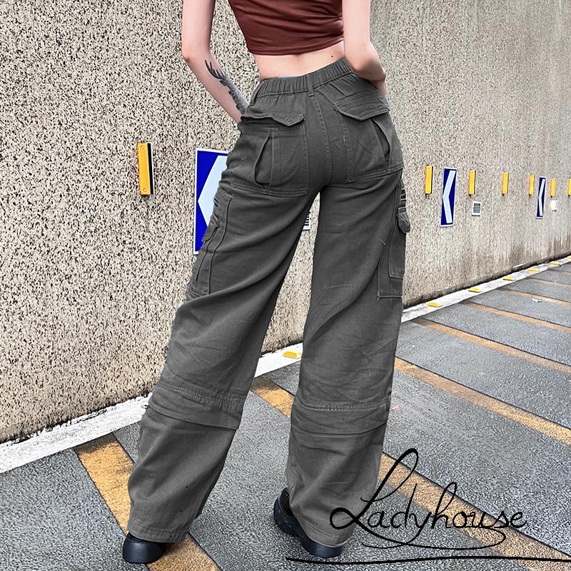 Quần Jean Dài Lưng Cao Dáng Suông Nhiều Túi Màu Trơn Thời Trang Cho Nữ