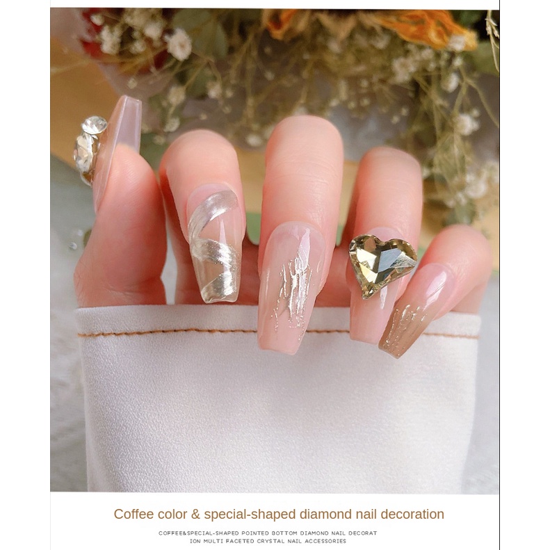 Pha Lê Màu Cà Phê Đáy Nhọn Nail Art Trang Sức Kim Cương / Rìu hình trái tim trái đào cong hình trái tim béo móng tay vuông trang sức kim cương