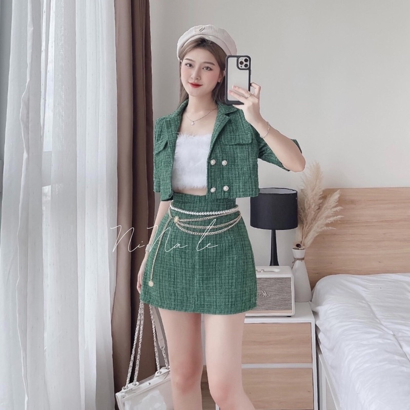 Set áo nút xanh chân váy caro xanh,set váy nữ mini đi chơi noel hay đi diện tết xinh lắm
