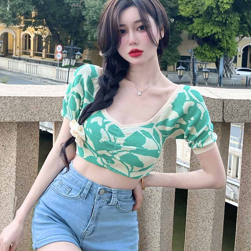 Áo Dệt Kim Tay Phồng Ngắn Cổ Chữ V Dáng Ôm Thời Trang Hàn Quốc Cho Nữ