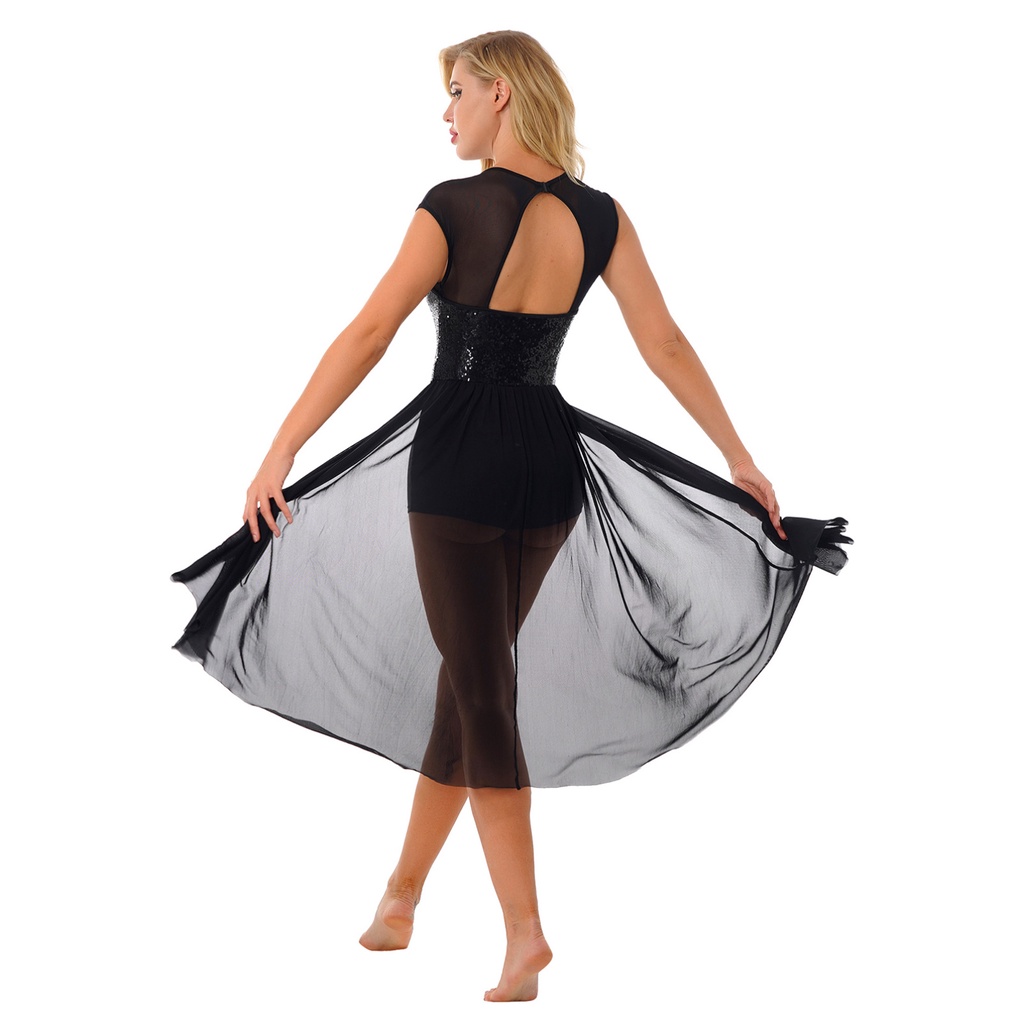 Đầm Khiêu Vũ Phối Lưới Cổ Chữ v Đính Kim Sa Lấp Lánh Cho Nữ