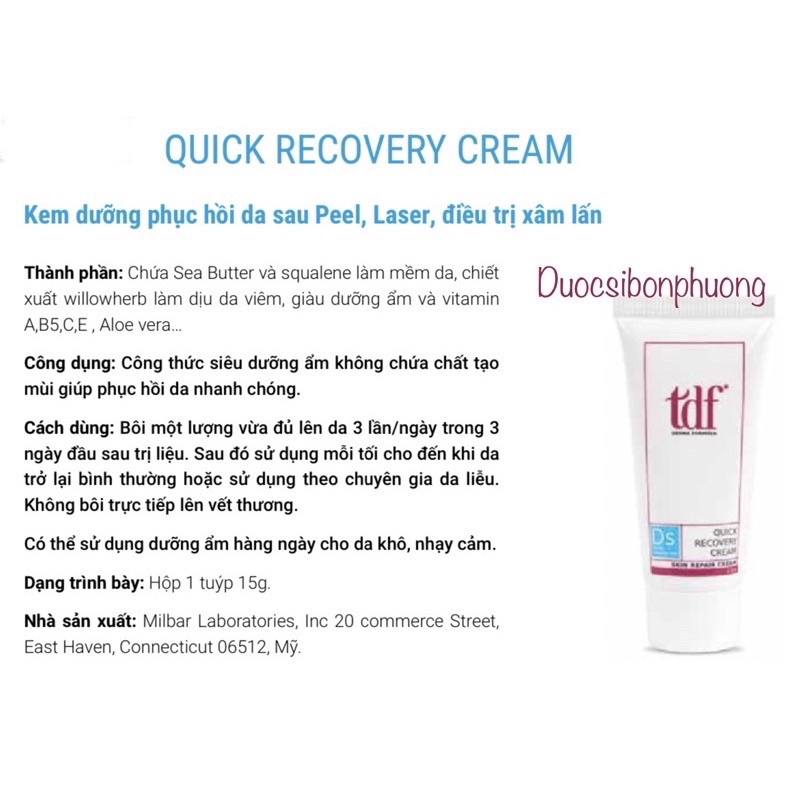 Kem TDF Quick recovery Cream 15g dưỡng, phục hồi da sau các liệu trình tr ị liệu da