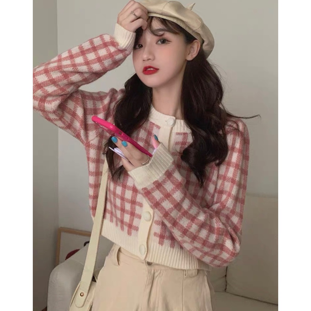 Áo Croptop Dệt Kim Tay Dài Cổ Tròn Họa Tiết Sọc Caro Phong Cách Hàn Quốc Cho Nữ
