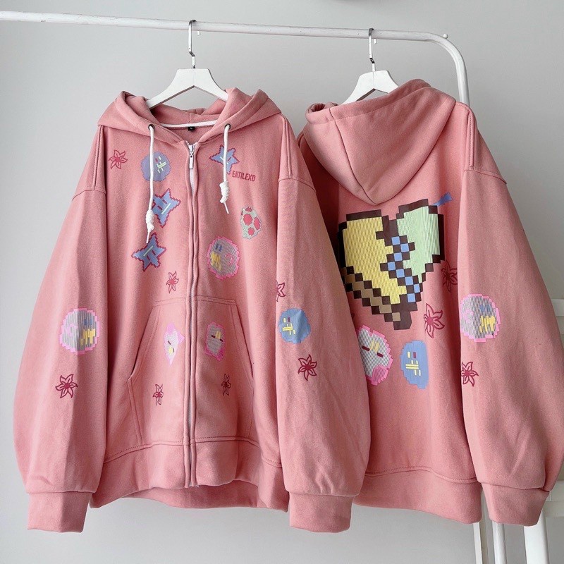 Áo Khoác Thun Nỉ Hình Trái Tim Ngôi Sao Có Nón Mũ 2 Lớp - Kiểu Hoodie Có Khóa Kéo Zip Nam Nữ Cặp Đôi Thu Đông