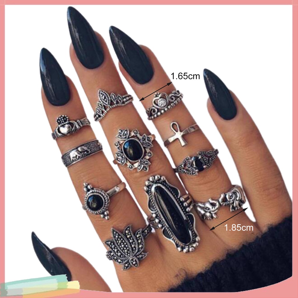 Set 11/13/15 nhẫn hợp kim màu đen đính đá nhân tạo thời trang cho nữ