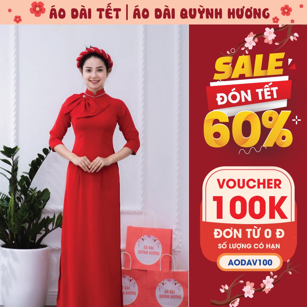 Áo dài Tết truyền thống lụa đỏ cổ đính nơ by Quỳnh Hương