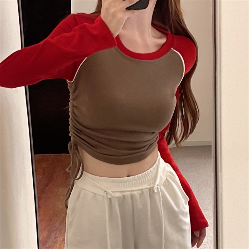 IELGY IELGY Áo Thun Kaki Dài Tay Ôm Dáng Phối Dây Rút Bên Hông Phong Cách Mỹ Cho Nữ