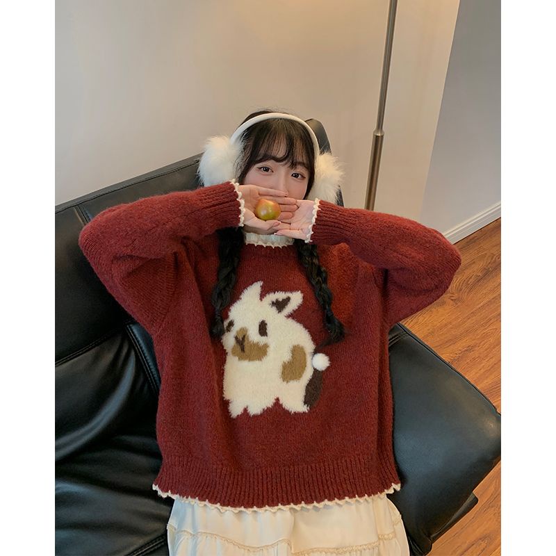 Áo Sweater Xindahui Cổ Tròn In Hình Thỏ Giáng Sinh Thời Trang Thu Đông 2022 Cho Nữ