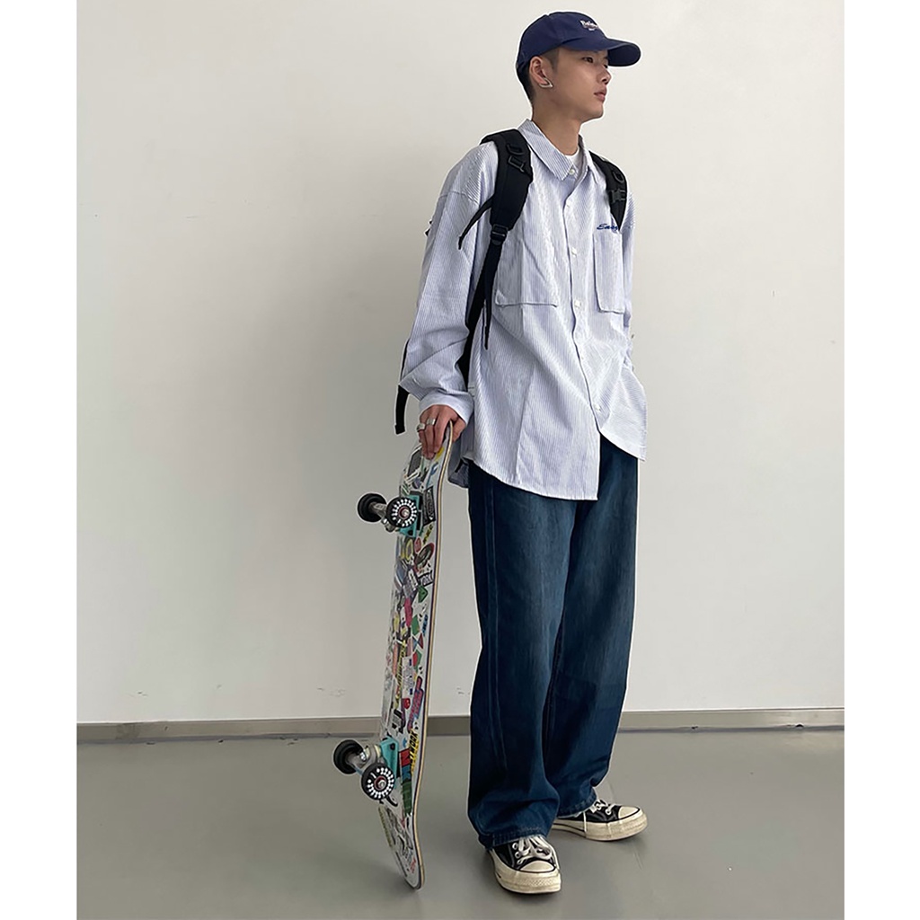 Áo sơ mi kẻ sọc xanh oxford hình thêu nam nữ unisex Alan shirt