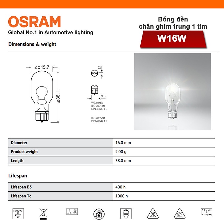 Bóng Đèn Chân Ghim Trung 1 Tim OSRAM Original T15 W16W 12V 16W