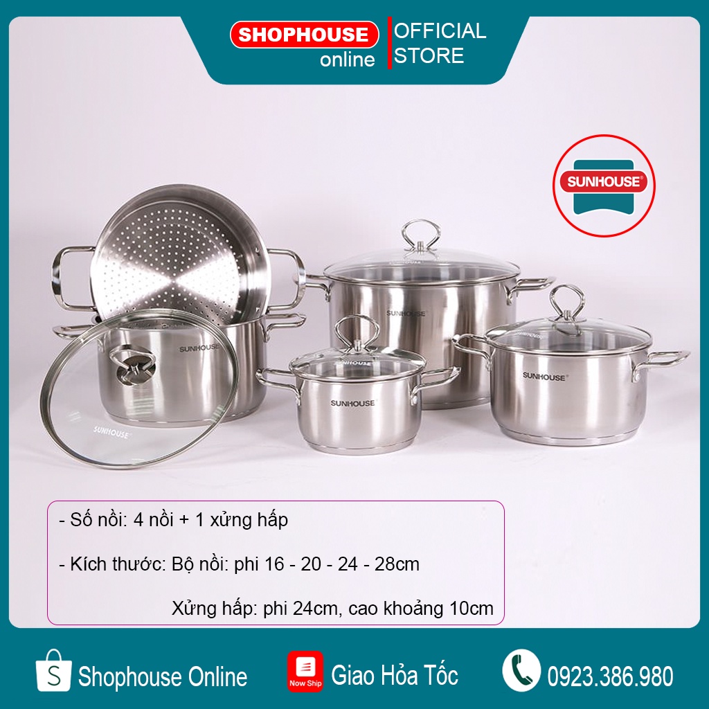 Bộ nồi inox 3 đáy Sunhouse SH895 ( Size: 16-20-24-24-26-28cm )