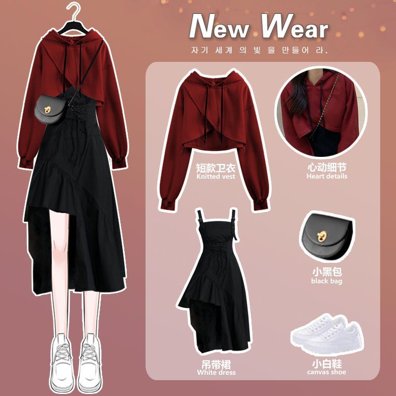 Set bộ ulzzang áo hoodie nỉ mỏng đỏ croptop + váy đen girl crush hai dây mùa xuân