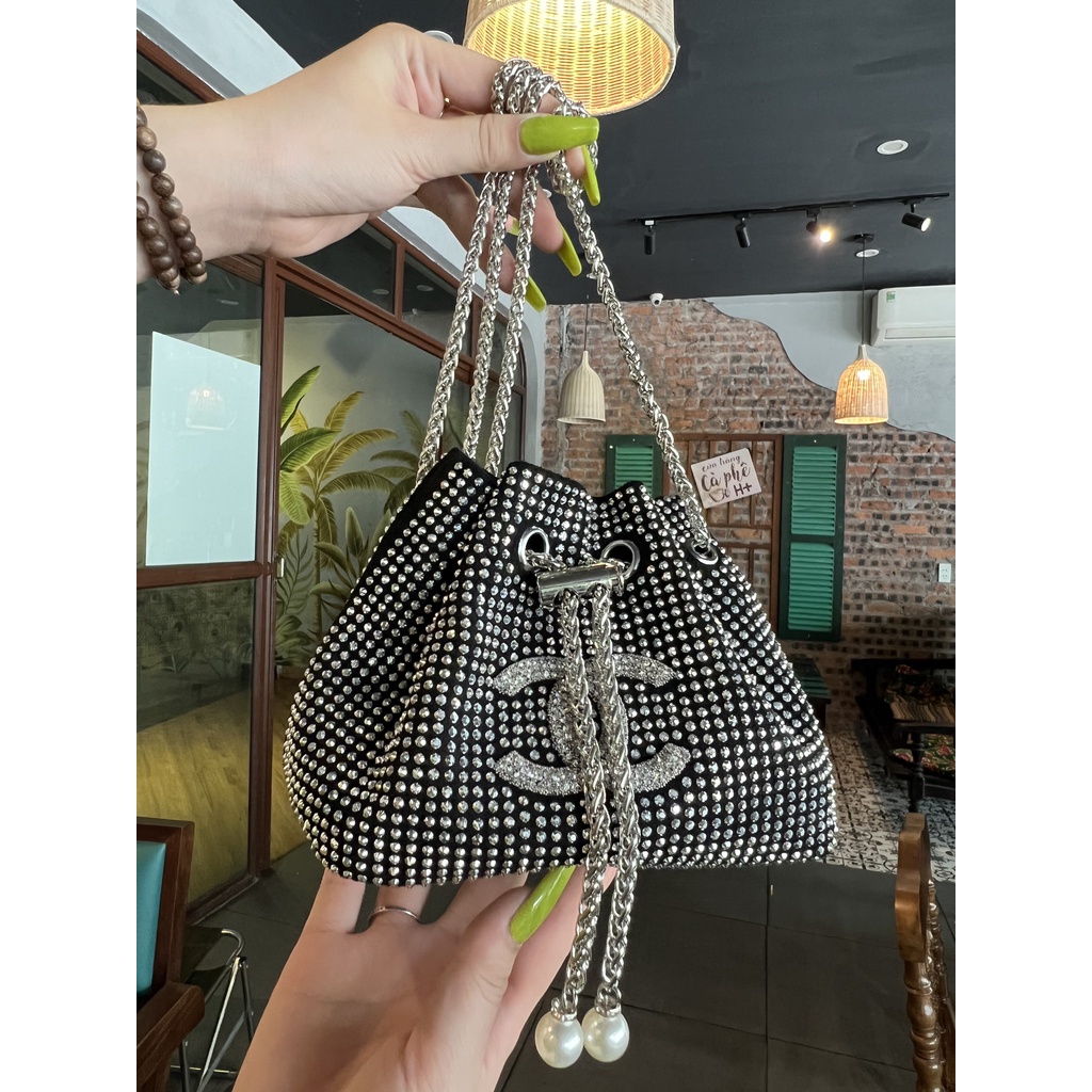 Túi dây rút đính đá Chan..nel xinh xắn phong cách 2022, Túi đeo chéo nữ.
