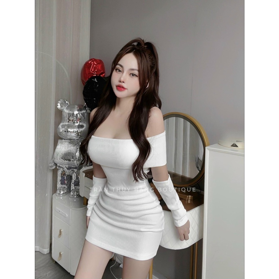 Đầm bẹt vai bản ôm body kèm tay rời cực xinh , chất thun gân dày dặn