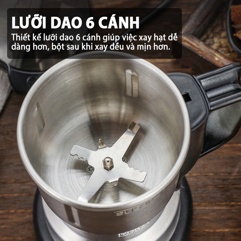 Máy xay hạt khô, xay bột, gia vị cà phê đa năng,công suất 300w,6 lưỡi dao cực bén, chất liệu cối inox,