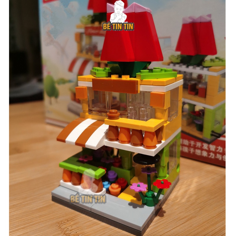 Đồ Chơi Xếp Hình Lắp Ráp Mãnh Nhỏ Kiểu Dáng Hình Quán Ăn, Tiệm Hoa, Quang Cảnh Thành Phố Cho Bé