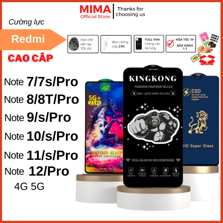 Kính cường lực KINGKONG Xiaomi Redmi Note 12 Pro 12 7 7s Pro 8 Pro 9 9s 10 10s 11 11s cao cấp full màn hình chống trầy