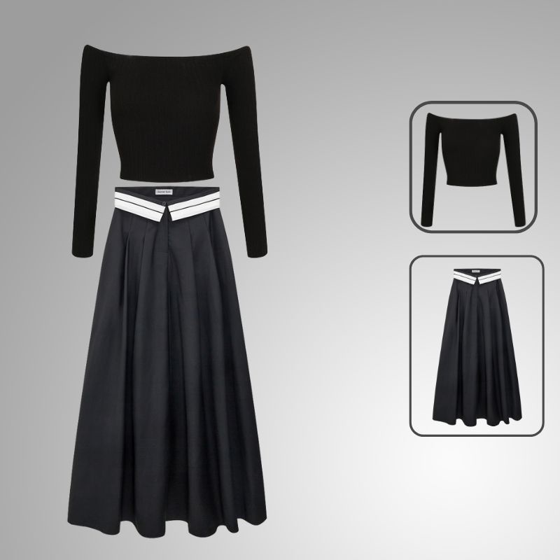 Set Bộ Áo Thun Nữ Dài Tay Croptop Trễ Vai Phối Chân Váy Dáng Chữ A Xếp Ly Thời Trang Sugal TOP NU 028 + CV NU 026
