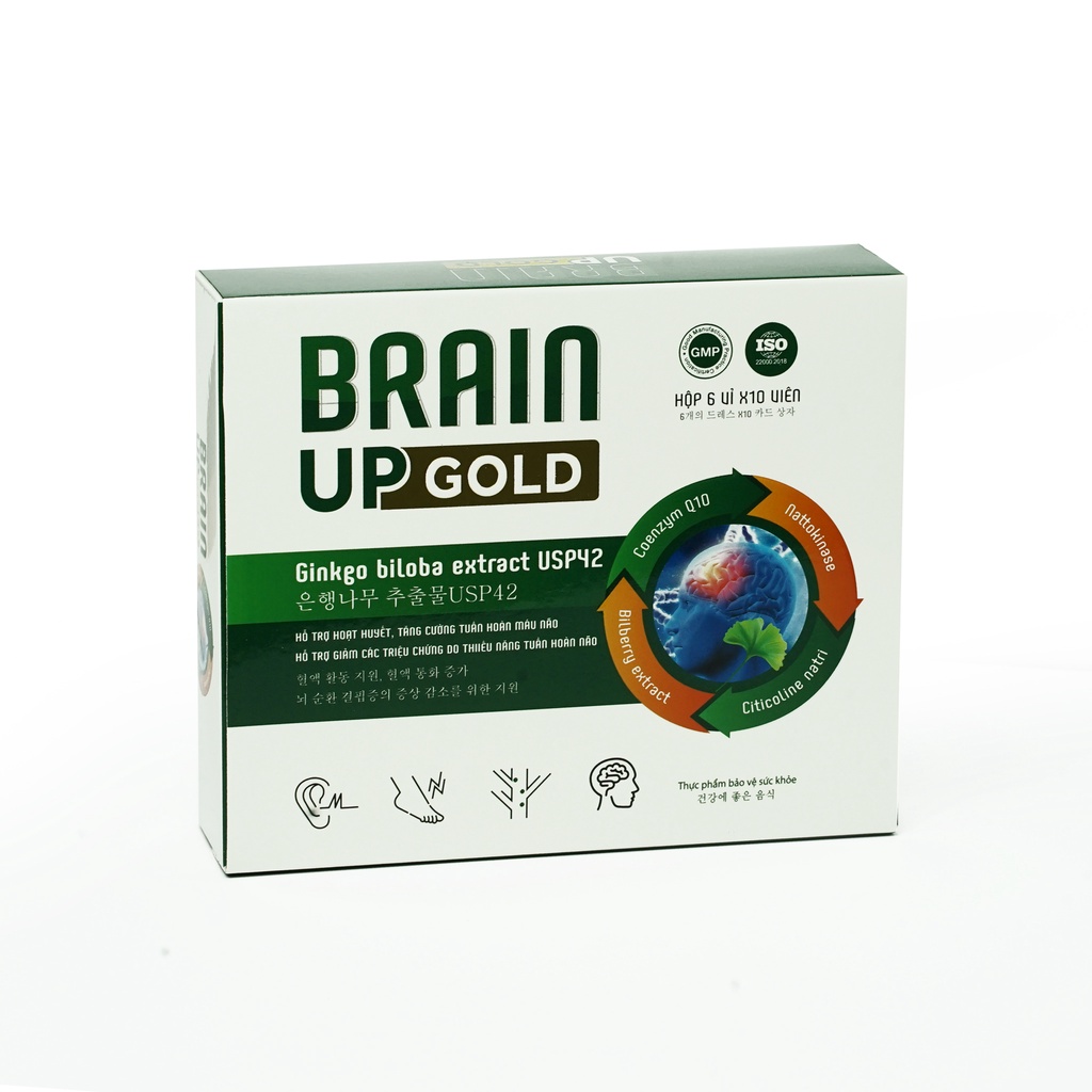 Viên uống Brain Up gold Vshine - hỗ trợ hoạt huyết dưỡng não - Hộp 6 vỉ 10 viên