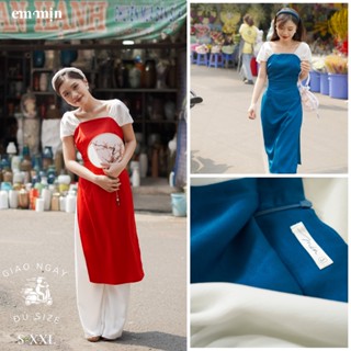 Áo dài nữ lụa Tằm ướt Uyển Nhung màu đỏ xanh thiết kế cao cấp