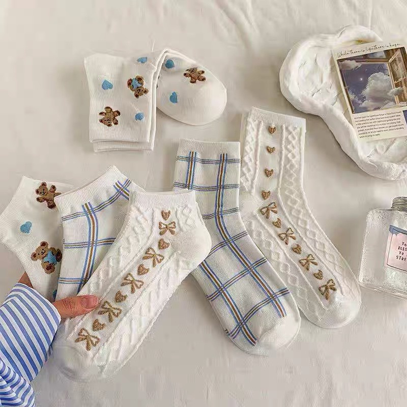 Set 3 đôi tất nữ cổ cao, cổ thấp, họa tiết nơ dễ thương, phong cách hàn quốc, chất liệu thoáng mát, thấm hút mồ hôi