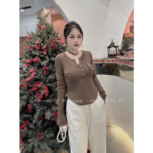 Áo thun gân tăm nút gài dài tay form ôm body, Áo dài tay vạt bầu phối khuy nữ Thun kiểu dáng ôm body bánh bèo tiểu thư