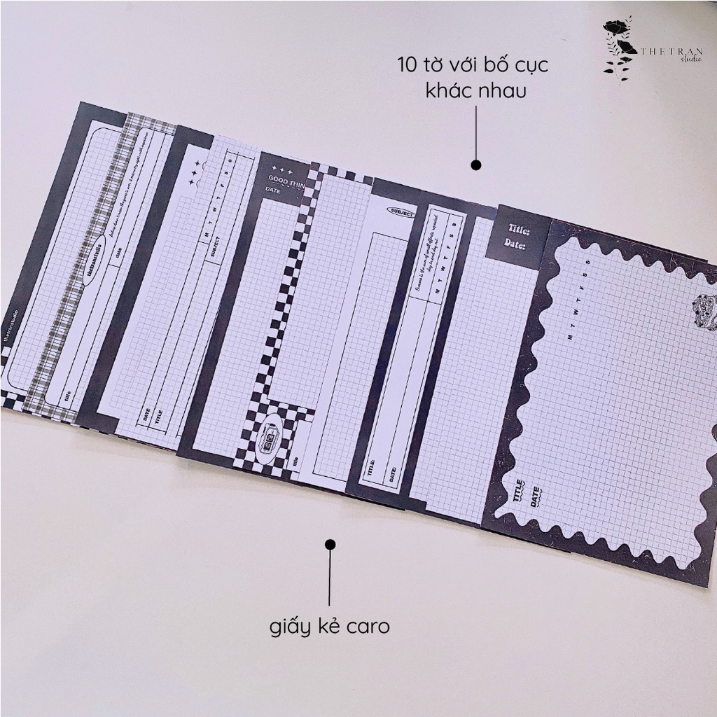Bộ 10 tờ giấy ghi chép kẻ caro - A4, B5, A5, A6 - dọc, ngang trắng đen / silent world notepad / thetranstudio