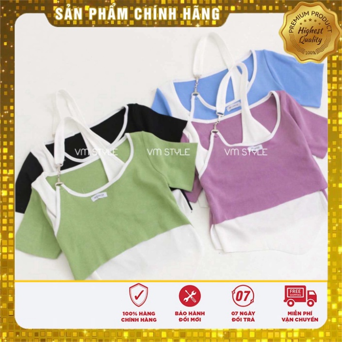 Áo len kiểu nữ VMSTYLE tay bó ngắn phối màu kết hợp dây chéo cổ trang điểm thu đông 33039 - ALU00053