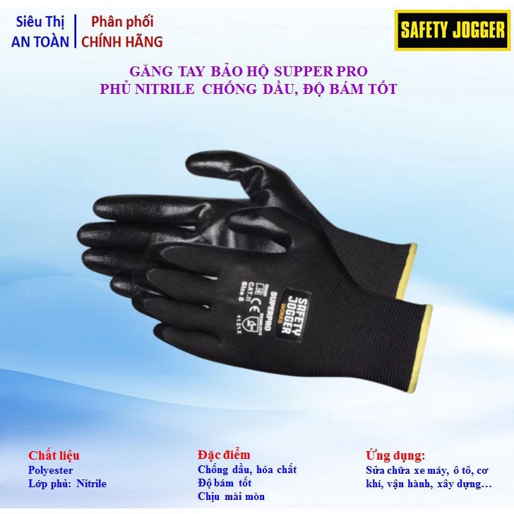 Găng tay bảo hộ lao động Safety Jogger Superpro phủ nitrile,chống dầu nhớt, tăng độ bám, vừa vặn bàn tay