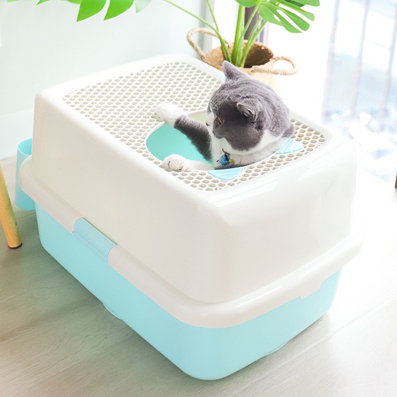 (HỎA TỐC) Tặng Kèm Xẻng ,Nhà vệ sinh thùng kín cho mèo, khay cát thành cao cho mèo 50x37x30cm