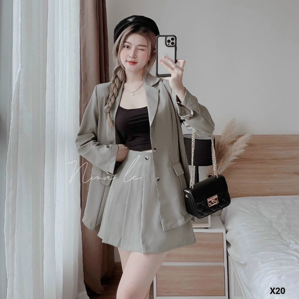 Set đồ nữ đi chơi 3in1 với set chân váy xếp ly dễ thương kèm áo khoác giả vest phối kèm lót cotton siêu xinh